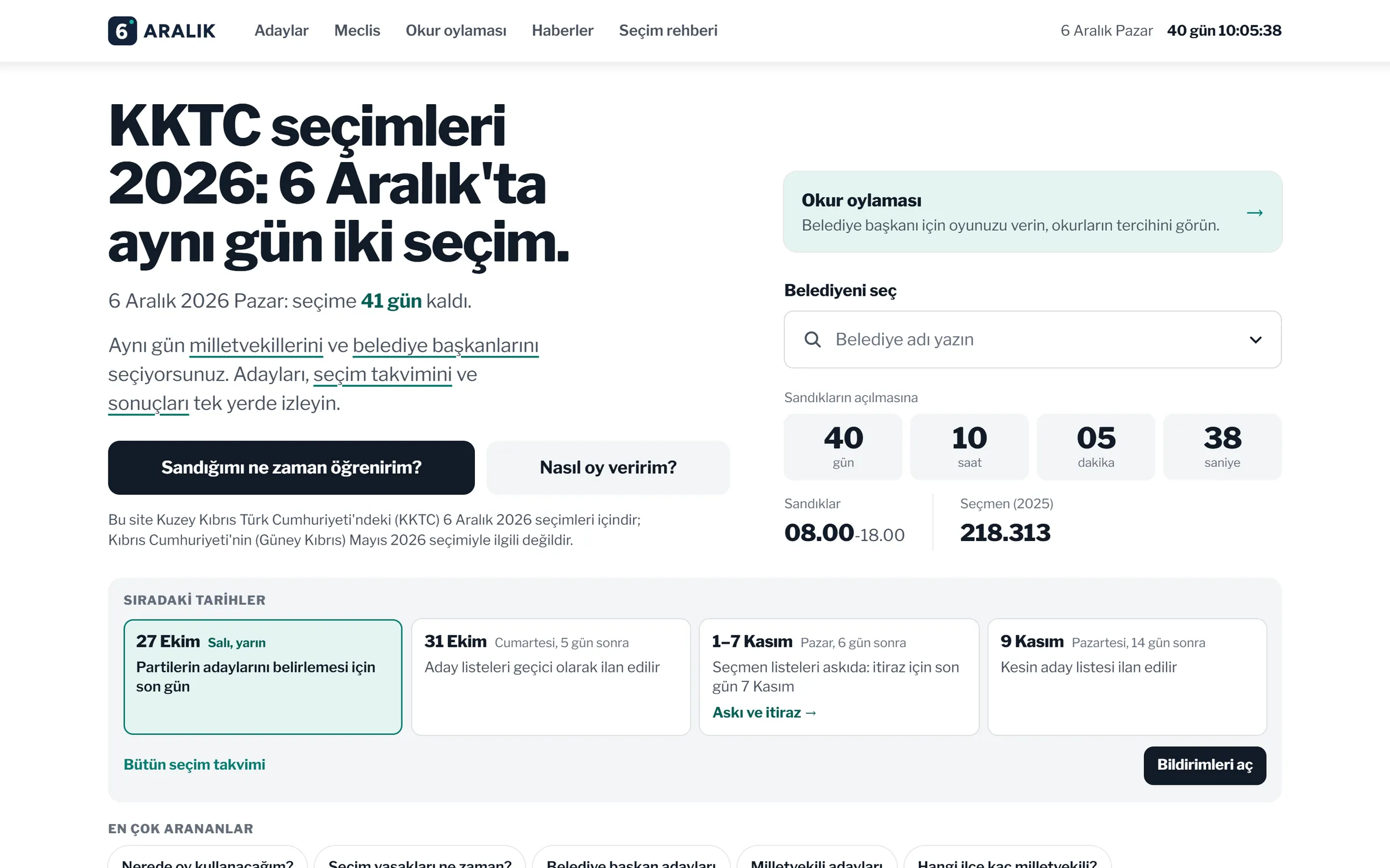 6 ARALIK home page: days until the election, polling hours, upcoming dates and the reader-poll entry.