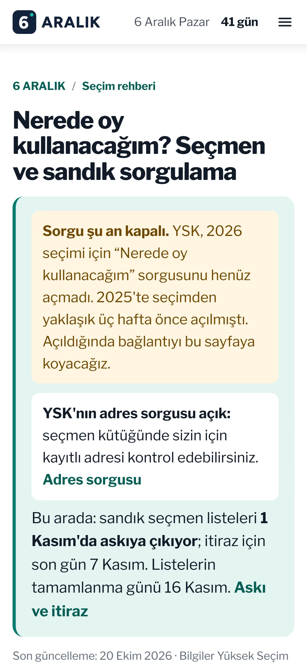 Seçmen ve sandık sorgulama rehberinin telefondaki görünümü.