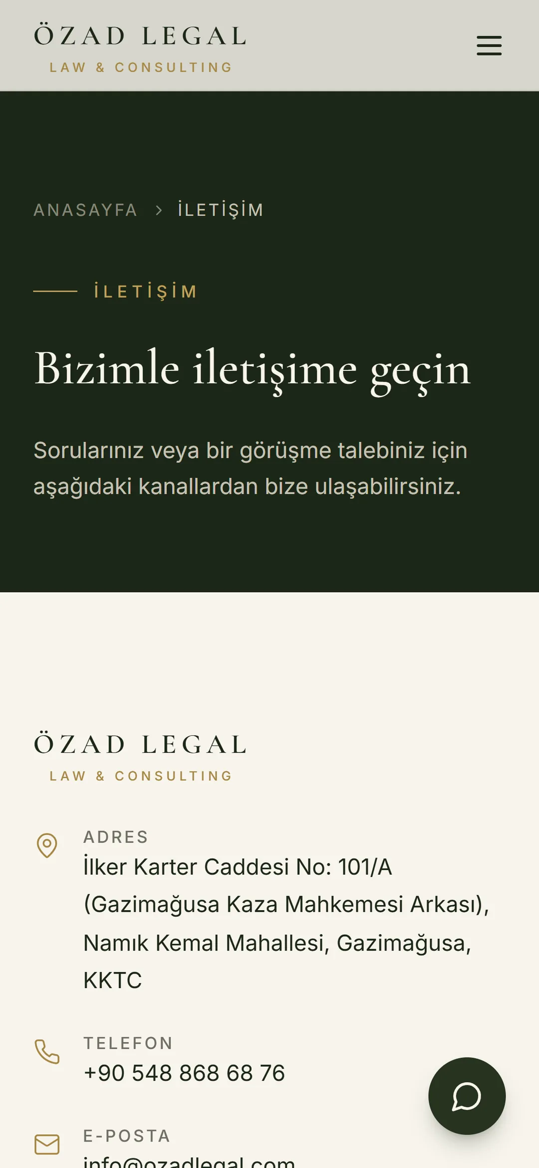 İletişim sayfasının telefondaki görünümü.
