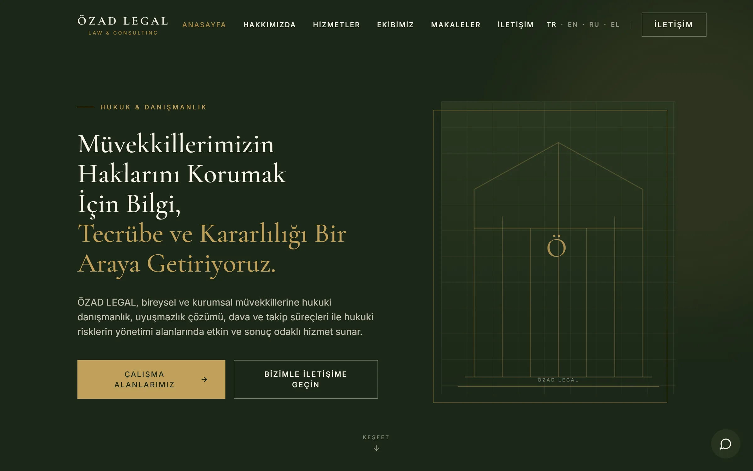 ÖZAD LEGAL website, Turkish home page: a serif headline on deep green with buttons to the practice areas and contact.