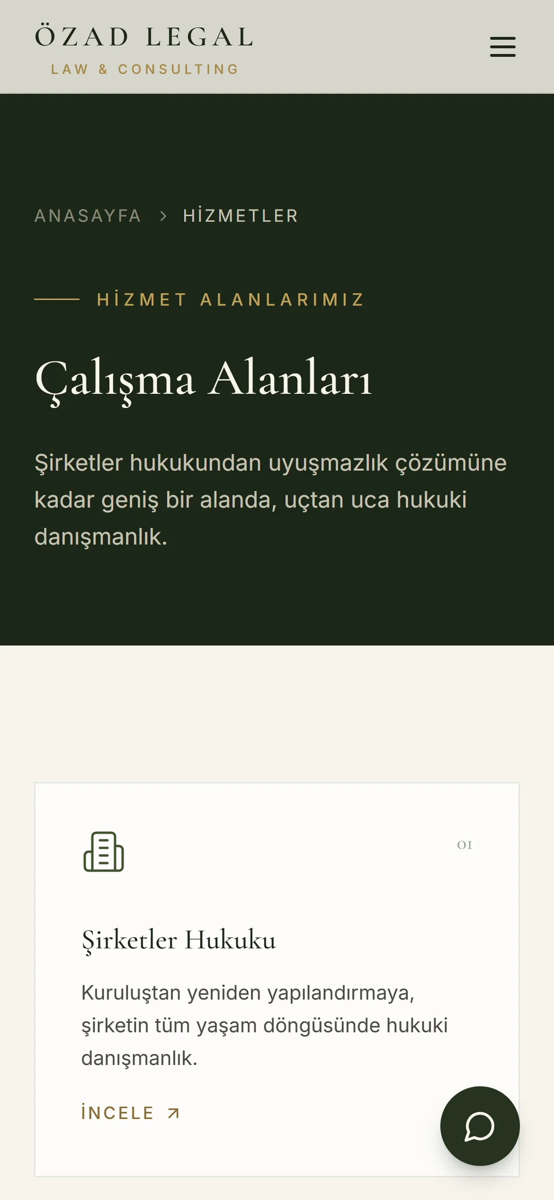 Çalışma alanları sayfasının telefondaki görünümü.