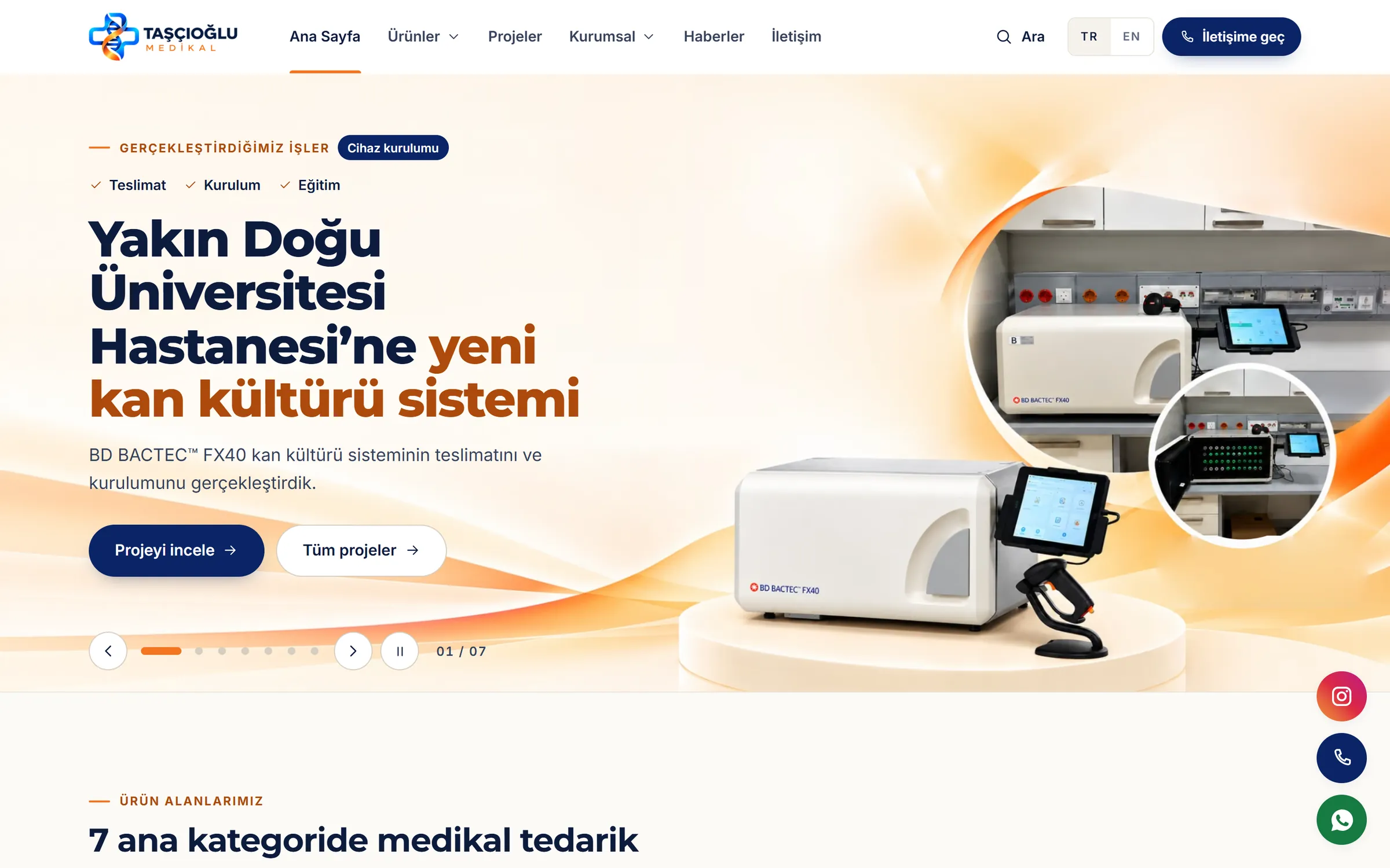 Taşçıoğlu Medikal website in development, home page: a hero that features completed installation projects.